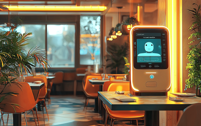a vibrant and modern restaurant interior where an AI-powered chatbot interacts seamlessly with customers. Showcase a sleek tablet or digital kiosk on each table displaying the chatbot interface, assisting patrons with reservations and order placements. Include elements such as stylish furniture, ambient lighting, and a bustling yet organized atmosphere. Highlight the fusion of technology and hospitality, emphasizing efficiency and enhanced customer experience. Use a realistic and professional art style with high detail and warm color tones.